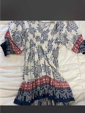 Boho Floral Tiered Midi Dress - Navy, White & Red